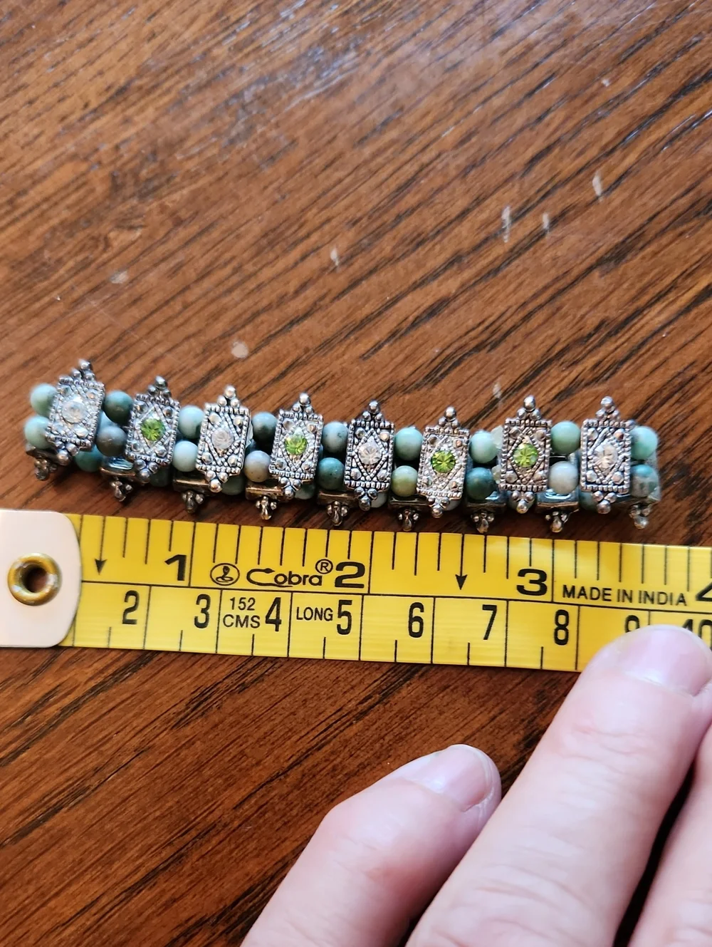 Green Beaded Silver-Tone Bracelet